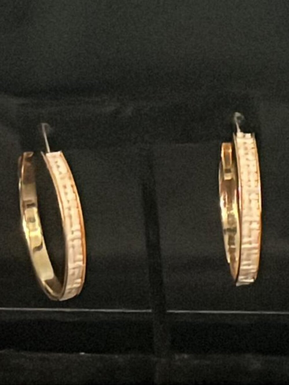 Gold Tone Hoop with White Woven Pattern Earrings